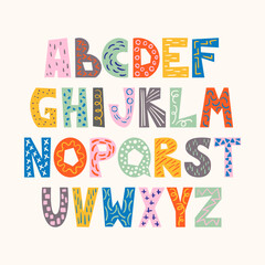 Colorful alphabet with decorative doodle elements Cutout childish letters collection Playful style font design