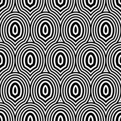 Fish scale wallpaper. Asian traditional ornament with repeated scallops. Repeated white roundish figures on black background. Seamless surface pattern design with rings. Grid motif. Digital paper.