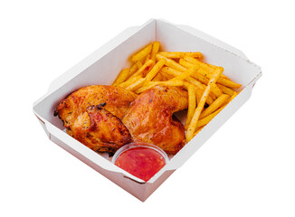 Fried chicken legs with french fries in paper box