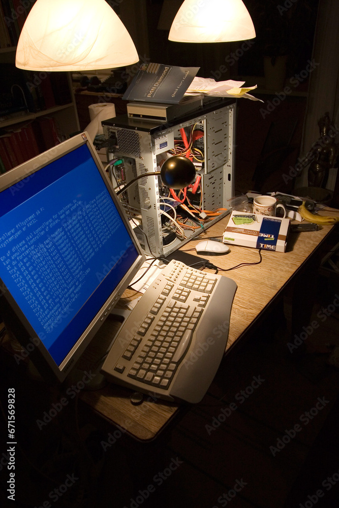 Poster computer hardware, cables or information technology on desk, code or programming in dark room. deskt