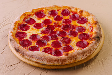 Pepperoni pizza with salami top view