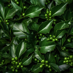 Abstract background with green Holy Berry leaves and baubles. Square composition.