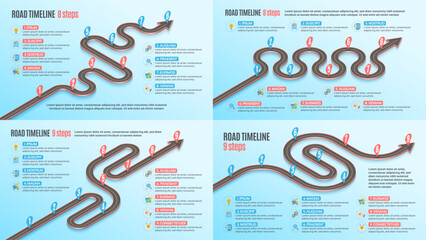 Isometric navigation map infographic 8-9 steps timeline concepts