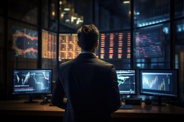 Rear view of businessman stock financial specialist trader broker working with monitor screen with stock chart, graph and indicators in agency at night