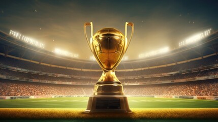 Sports Champion Big gold Trophy with sports stadium background - obrazy, fototapety, plakaty