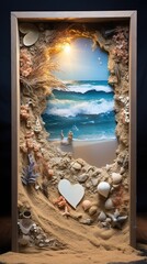 diorama of a heart-shaped coastal scene with a modern and abstract aesthetic, a romantic beach setting craft art