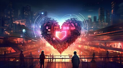 Cyberpunk-themed graphic art displaying a neon heart-shaped hologram, interpretation of love, Futuristic graphic art, Valentine