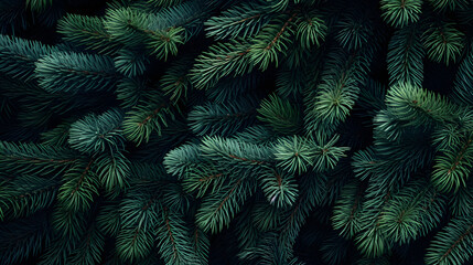 Fir branches green needle abstract background Christmas texture. Horizontal composition.