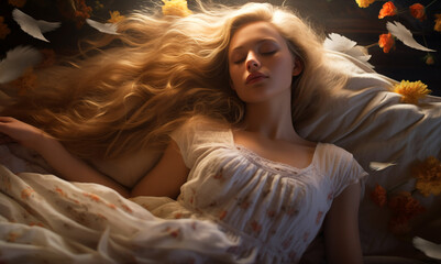 Beautiful sleeping young blond woman in flowers generative ai