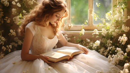 Beautiful princess or gorgeous bride reading book generative ai