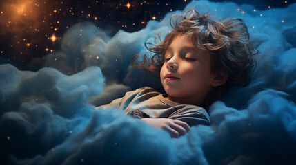 Cute boy sleeping among soft clouds having sweet dreams generative ai