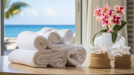 Fototapeta na wymiar Luxury hotel room with Plumeria and towels.