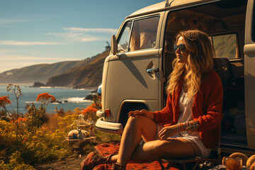 Young woman enjoying her morning coffee outside a retro, vintage camper van, living the van life in scenic beauty 