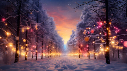 Colorful Christmas lights on spruce and fir trees covered with snow inside a winter forest in the evening with sunset.