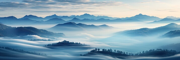 Górski krajobraz z mgłą i polami uprawnymi - obrazy, fototapety, plakaty