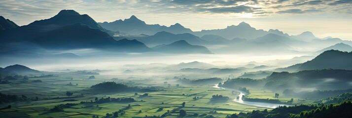 Górski krajobraz z mgłą i polami uprawnymi
