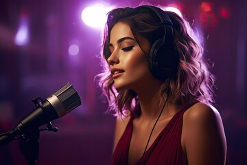 Piosenkarka w studio nagraniowym śpiewająca przed mikrofonem. 
