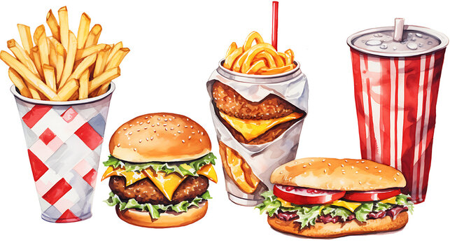 Watercolor Set of fast food elements collection clipart . generative ai