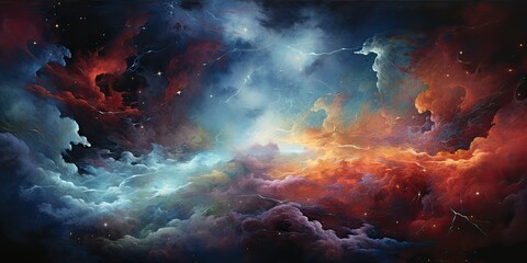 Kosmiczna nebula w wielu koloroach otoczona kolorowymi chmurami   - obrazy, fototapety, plakaty