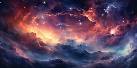 Kosmiczna nebula w wielu koloroach otoczona kolorowymi chmurami   - obrazy, fototapety, plakaty