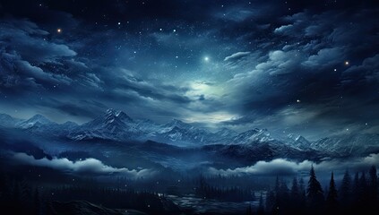Górski krajobraz nocą z gwiaździstym niebem, chmurami i światłem księżyca. 