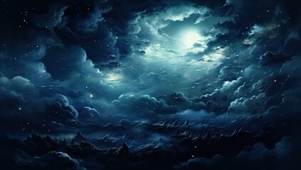 Górski krajobraz nocą z gwiaździstym niebem, chmurami i światłem księżyca. 