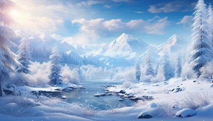 Zimowy górski krajobraz z lasem i górami pokrytymi śniegiem. 