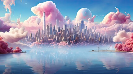 Krajobraz z bajecznym miastem z kolorowymi chmurami 