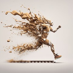 Man made from coffee splashes is running with high speed next to the train, time pressure, caffeine energy, being in a hurry for work life squirrel wheel beans turbo fast rail big step Generative AI 