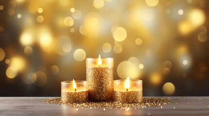 Romantic golden candles on table
