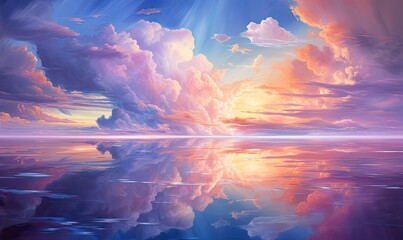 Kolorowe chmury w stylu anime. Kolorowy rysunek w pięknych pastelowych kolorach. Chmury odbijające się w oceanie.  - obrazy, fototapety, plakaty