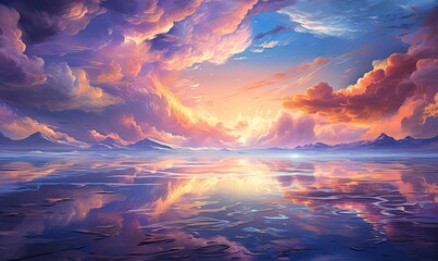 Kolorowe chmury w stylu anime. Kolorowy rysunek w pięknych pastelowych kolorach. Chmury odbijające się w oceanie.  - obrazy, fototapety, plakaty