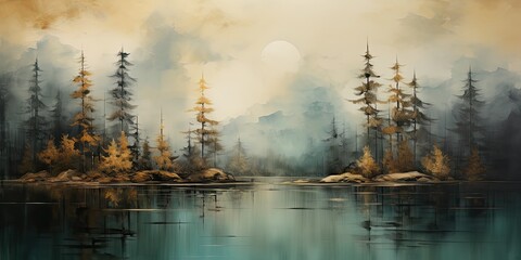 Obraz przedstawiający las nad jeziorem. 