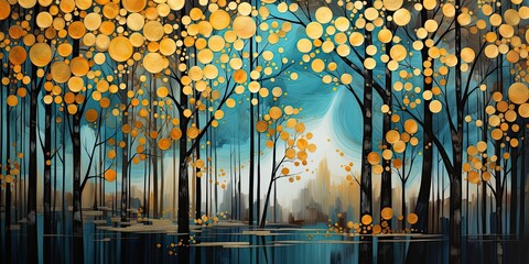 Abstrakcyjny obraz z lasem jesiennych drzew.  - obrazy, fototapety, plakaty
