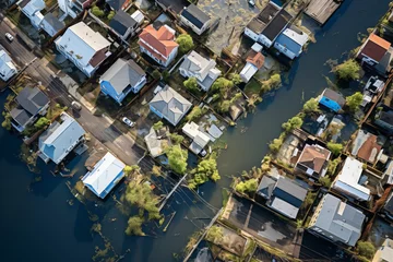 Foto op Aluminium Aerial view of houses flooded with dirty water of a river. Buildings and cars submerged in water during an overflow of water. © MNStudio