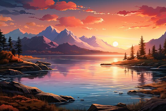 Zach&oacute;d słońca nad wodą w g&oacute;rach. 