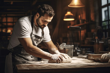 Handsome baker wearing apron kneading a dough on a wooden table in bakery, surrounded with kitchen utensils. Professional baker man baking bread.