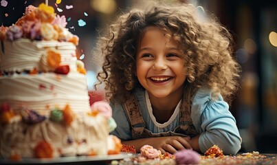 Szczęśliwa dziewczynka z kręconymi włosami zdmuchuje świeczki na torcie urodzinowym.  - obrazy, fototapety, plakaty