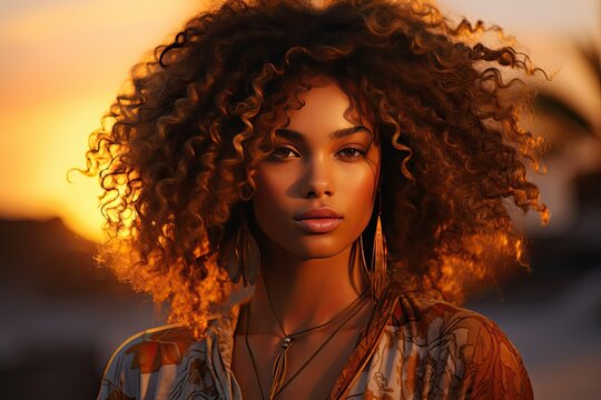 Piękna czarnosk&oacute;ra modelka z kręconymi puszystymi włosami na tropikalnej plaży na wakacjach. 