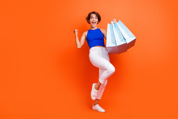 Fototapeta na wymiar Full body portrait of delighted pretty lady hold store bags raise fist rejoice success isolated on orange color background