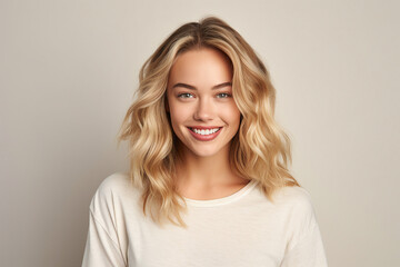 Fototapeta premium Illustration generative AI collage amazing beauty blonde woman smiling toothy beaming isolated pastel color background