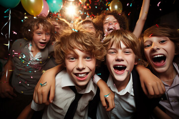 A group of cheerful eleven years old friends celebrating birthday indoors with colorful confetti and balloons. Crazy preteen birthday party at home.