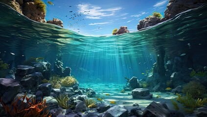 Podwodne widok na rafę koralową i niebieskie niebo.  - obrazy, fototapety, plakaty