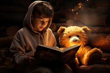 Młody chłopiec czytający książkę z pluszowym misiem. Symbol rozwoju wyobraźni, marzeń i edukacji.  - obrazy, fototapety, plakaty