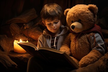 Młody chłopiec czytający książkę z pluszowym misiem. Symbol rozwoju wyobraźni, marzeń i edukacji.  - obrazy, fototapety, plakaty