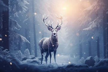 Mystic Christmas reindeer in wonderful winter forest. Stag among snowy trees on magical Christmas night.