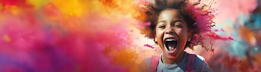 Szczęśliwe dziecko z afro w kolorowym dymie i kroplach farby.  - obrazy, fototapety, plakaty