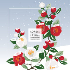 Vector Illustration of Floral Frame with Snowfall on Fully Bloomed Camellia Branches 