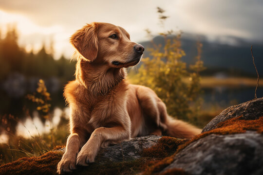 Generative AI picture of funny dog enjoying connection with nature outdoors autumn