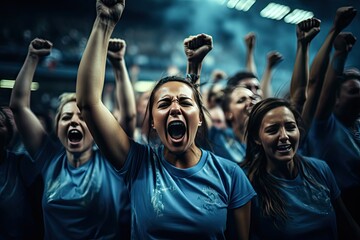 Kobieca drużyna piłki nożnej świętuje zwycięstwo po meczu footballu.  - obrazy, fototapety, plakaty